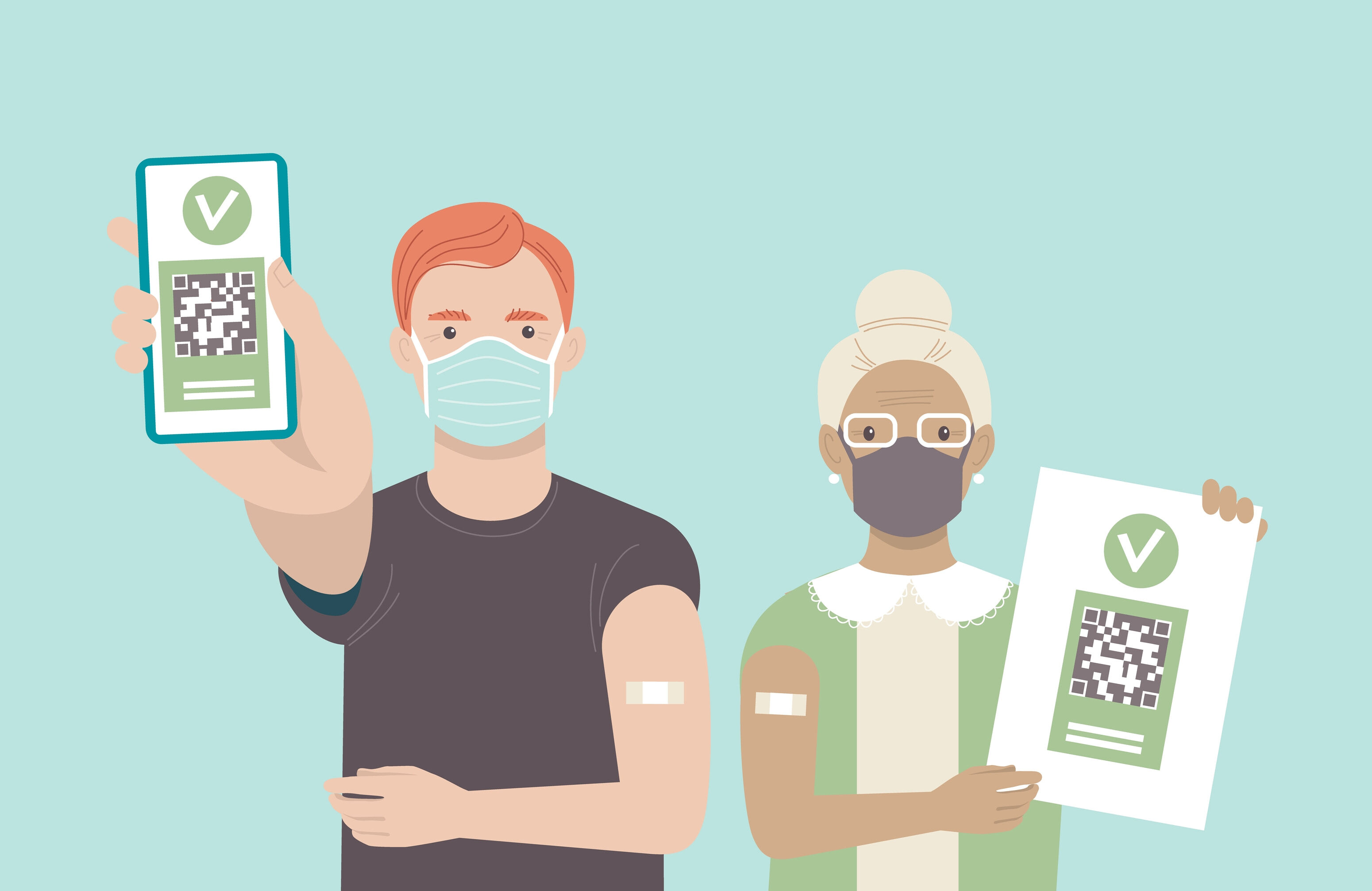 Vaccinated people showing vaccination certificates. Young man showing an app in mobile phone. Elderly woman hold printed immunization certificate with QR code. 