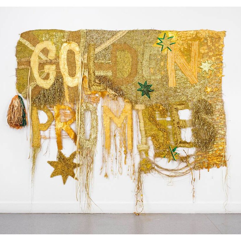 Raquel Ormella 'Wealth for toil #1' 2014. synthetic polymer paint, hessian, metallic thread and ribbon, 220 x 270 cm. Courtesy and © the artist, Milani Gallery, Brisbane and QUT, Brisbane
