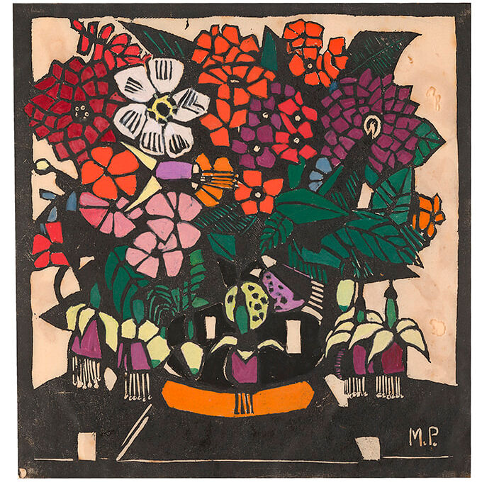 GEELONG Margaret Preston, Fuchsia and balsam 1928, hand-coloured woodcut, Geelong Gallery, Purchased 1982, Copyright Margaret Preston Copyright Agency