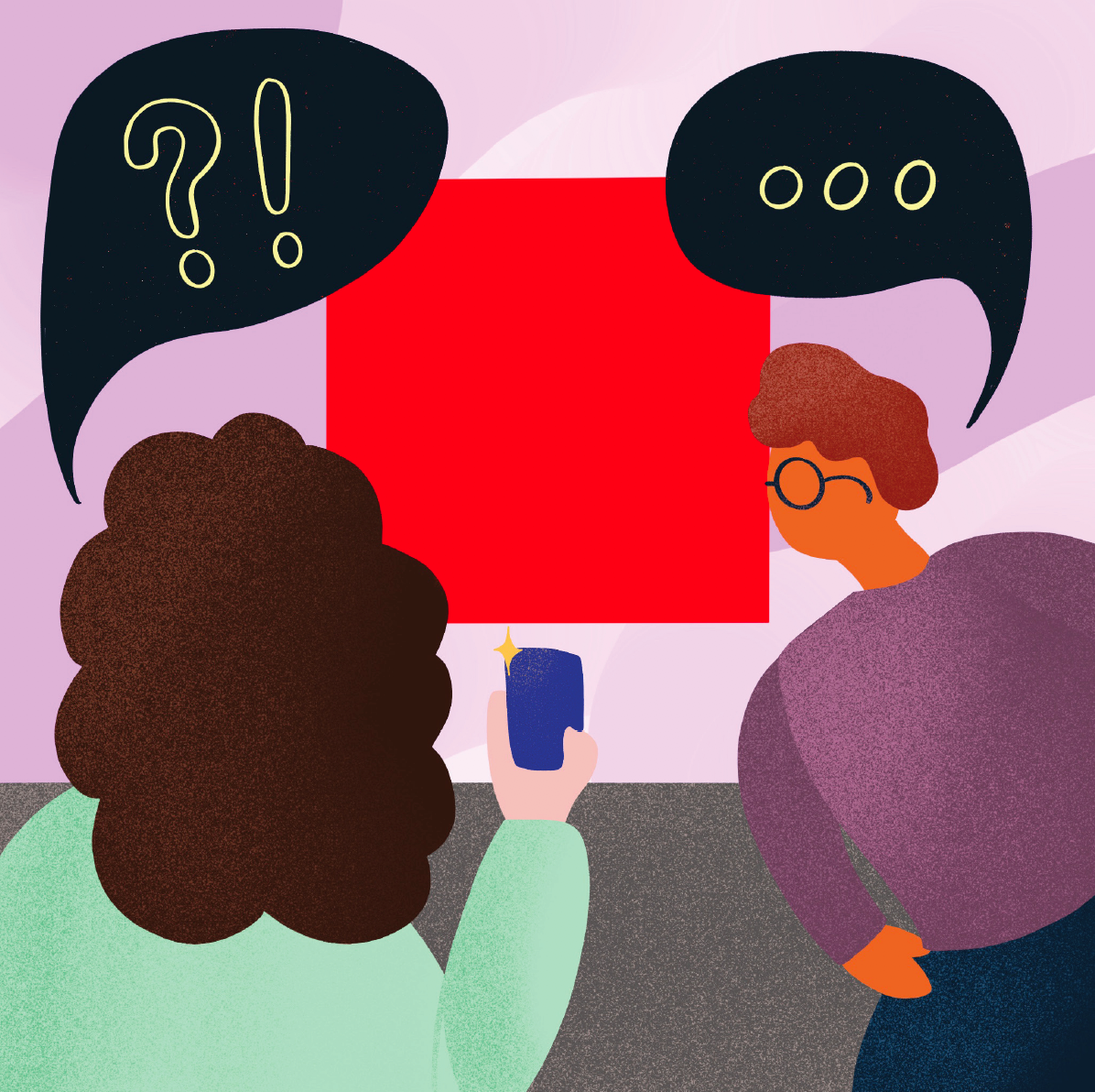 Image Credit: Vanessa Low
Image description: a colourful illustration of two people in foreground looking at an artwork in the background. One is taking a photo on their phone, while both have speech bubbles above their heads filled with question and exclamation marks